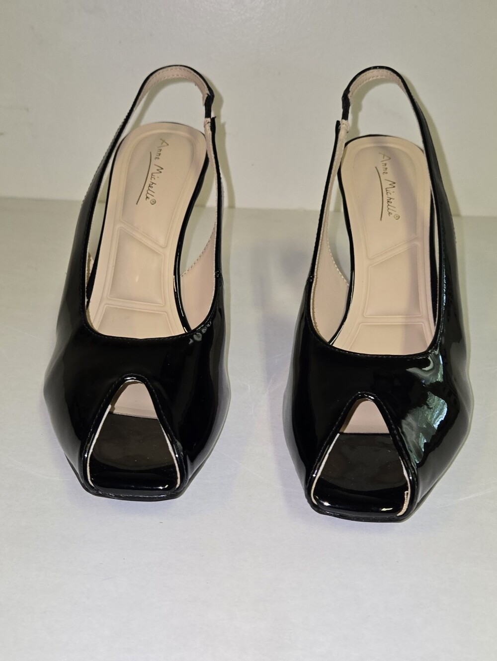 Brand New Anne Michelle Black Patent Slingback Peep-Toe Heels with Nude Insole